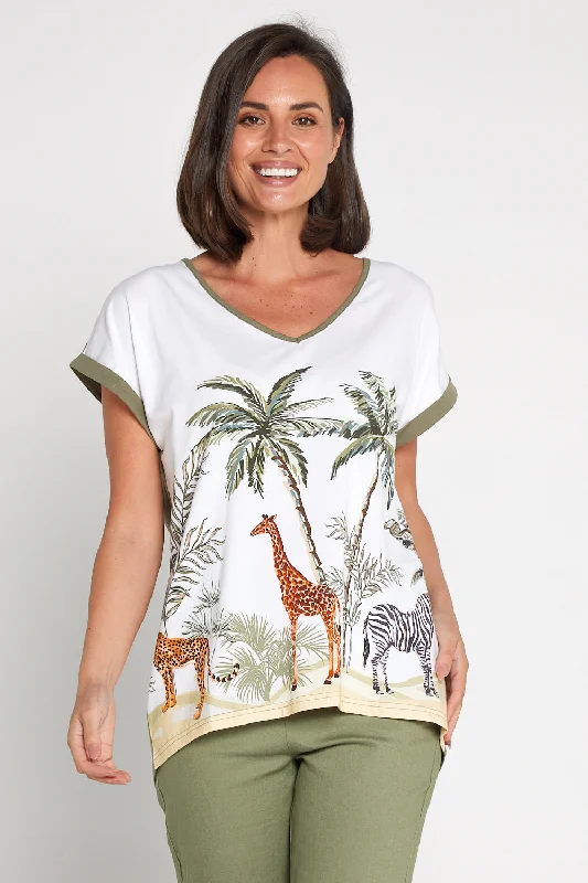 Africa Drop Shoulder Cotton Tee - White/Khaki Anti-Shrink Durable Soft