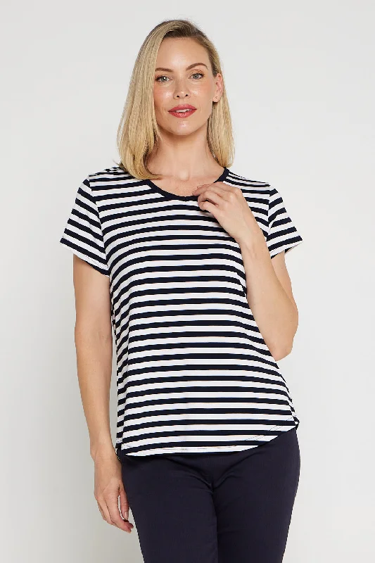 Alison Bamboo Tee - White/Navy Stripe Iron Safe Non-Iron Wrinkle Free