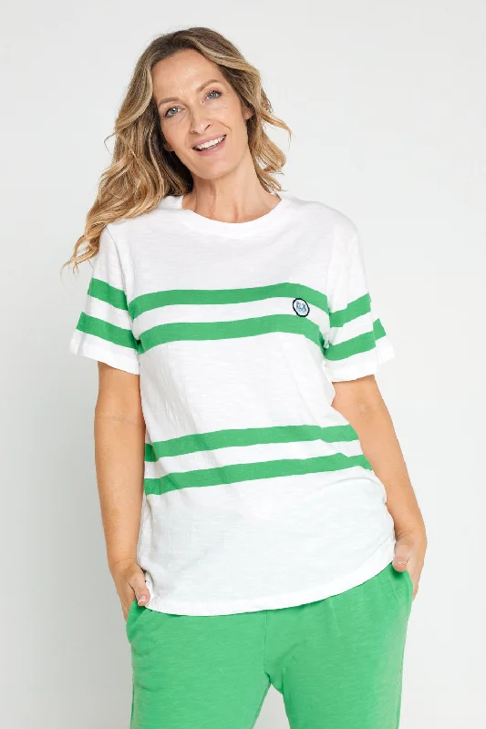 Allegra Short Sleeve Tee - White/Greenbriar Stripe Graphic T-Shirt Round Neck Polyester