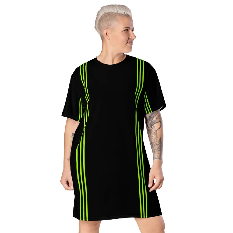 Black Green Striped T-Shirt Dress, Neon Green Stripes Women's Oversized Dress-Made in USA/EU Polka Dot Checkered Tartan Black Green Striped T-Shirt Dress, Neon Green Stripes Women's Oversized Dress-Made in USA/EU Polka Dot Checkered Tartan
