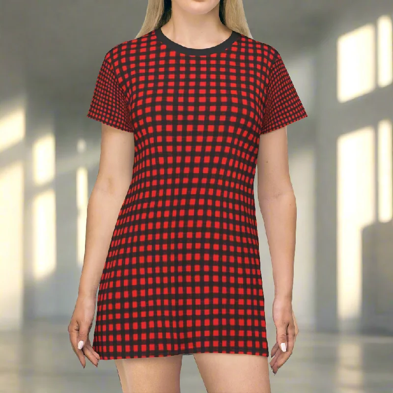 Red Buffalo T-Shirt Dress, Black Red Plaid Print Crew Neck T-shirt Dress - Made in USA Asymmetrical Pockets Print Red Buffalo T-Shirt Dress, Black Red Plaid Print Crew Neck T-shirt Dress - Made in USA Asymmetrical Pockets Print