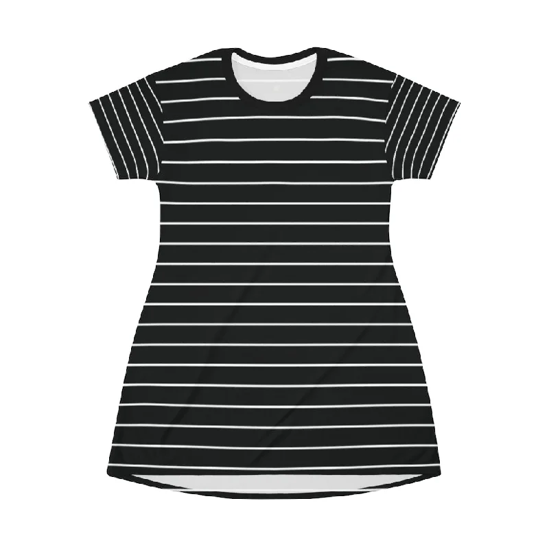 Black Striped T-Shirt Dress, Modern Classic Essential Women's Crewneck Dress-Made in USA Beaded Sequined Faux Fur Black Striped T-Shirt Dress, Modern Classic Essential Women's Crewneck Dress-Made in USA Beaded Sequined Faux Fur