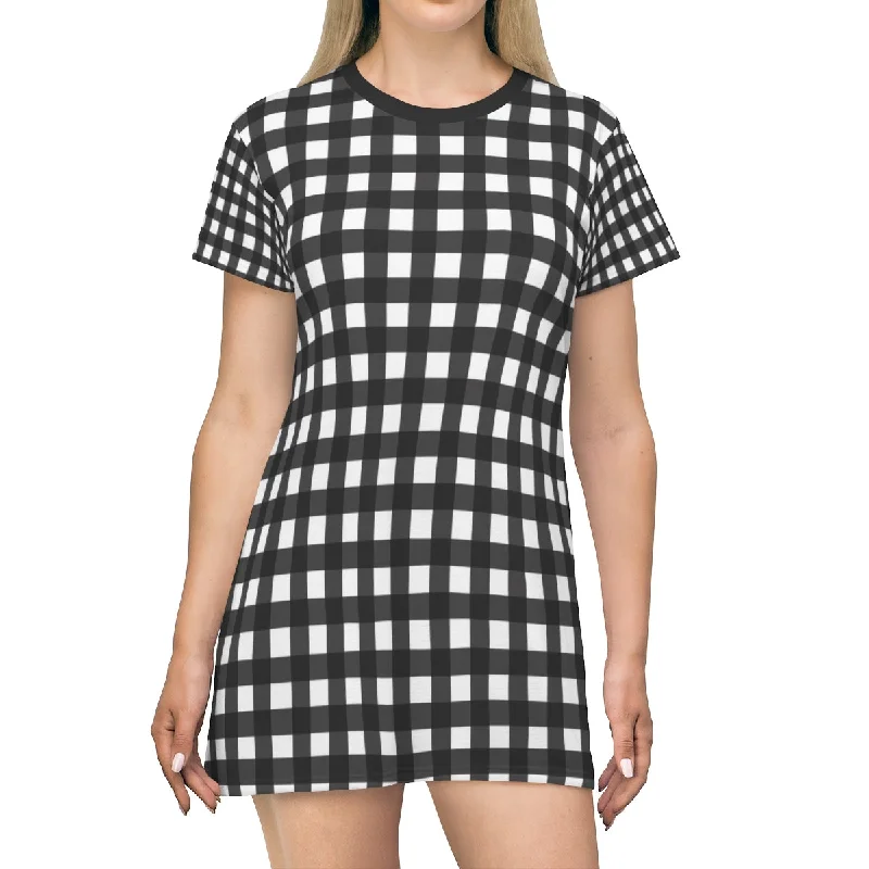 Black Buffalo T-Shirt Dress, White Buffalo Plaid Print Crew Neck T-shirt Dress-Made in USA (US Size: XS-2XL) Oversized T-Shirt Spandex breathable Black Buffalo T-Shirt Dress, White Buffalo Plaid Print Crew Neck T-shirt Dress-Made in USA (US Size: XS-2XL) Oversized T-Shirt Spandex breathable