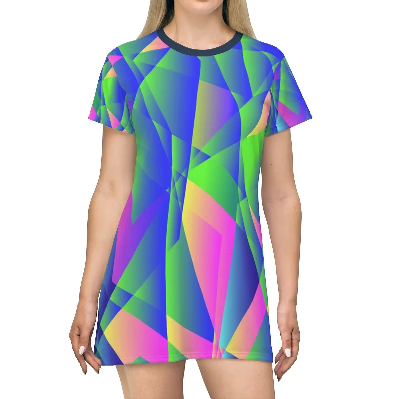 Blue Diamond Print Dress, Geometric Print Crew Neck T-shirt Women's Dress-Made in USA Zippered Front Buttoned Front Snap Front Blue Diamond Print Dress, Geometric Print Crew Neck T-shirt Women's Dress-Made in USA Zippered Front Buttoned Front Snap Front