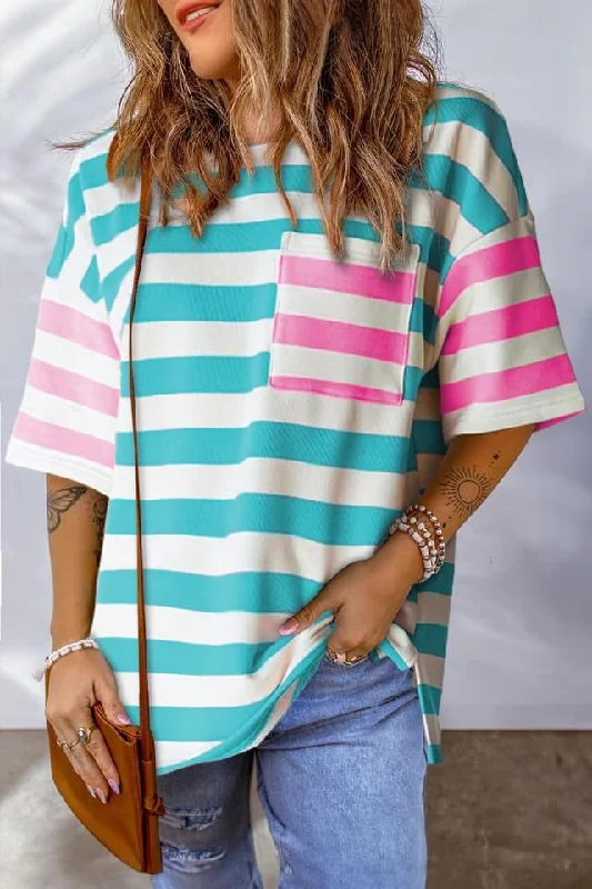 Blue Stripe Contrast Patch Pocket Drop Sleeve Tee Satin Fabric Silk Fabric Chiffon Fabric