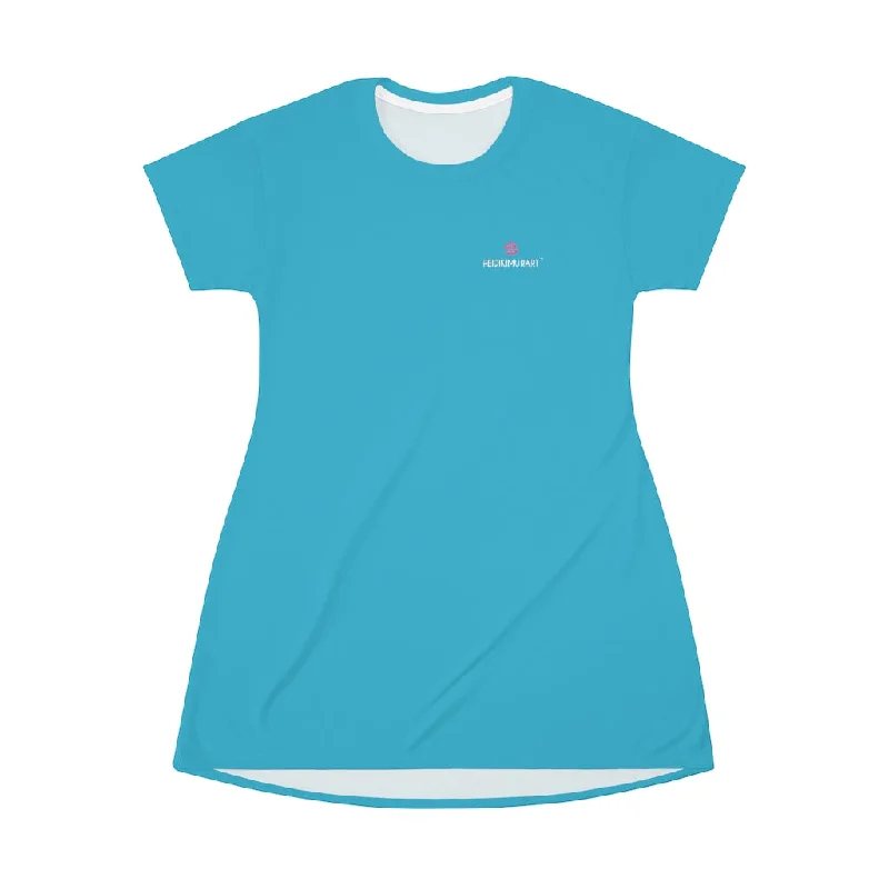 Blue T-Shirt Dress, Solid Color Crewneck Long Tee Shirt Dress For Women - Made in USA Satin Fabric Silk Fabric Chiffon Fabric Blue T-Shirt Dress, Solid Color Crewneck Long Tee Shirt Dress For Women - Made in USA Satin Fabric Silk Fabric Chiffon Fabric