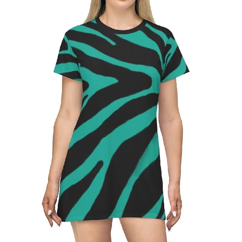 Blue Zebra Print T-Shirt Dress, Zebra Animal Print Crew Neck Long Tee Shirt Dress - Made in USA Elasticated Padded Insulated Blue Zebra Print T-Shirt Dress, Zebra Animal Print Crew Neck Long Tee Shirt Dress - Made in USA Elasticated Padded Insulated