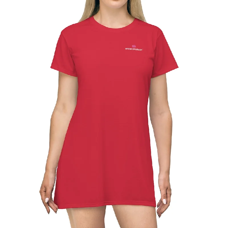 Bright Red T-Shirt Dress, Solid Color Crewneck Long Tee Shirt Dress For Women - Made in USA Collared T-Shirt Boat Neck A-Line Bright Red T-Shirt Dress, Solid Color Crewneck Long Tee Shirt Dress For Women - Made in USA Collared T-Shirt Boat Neck A-Line