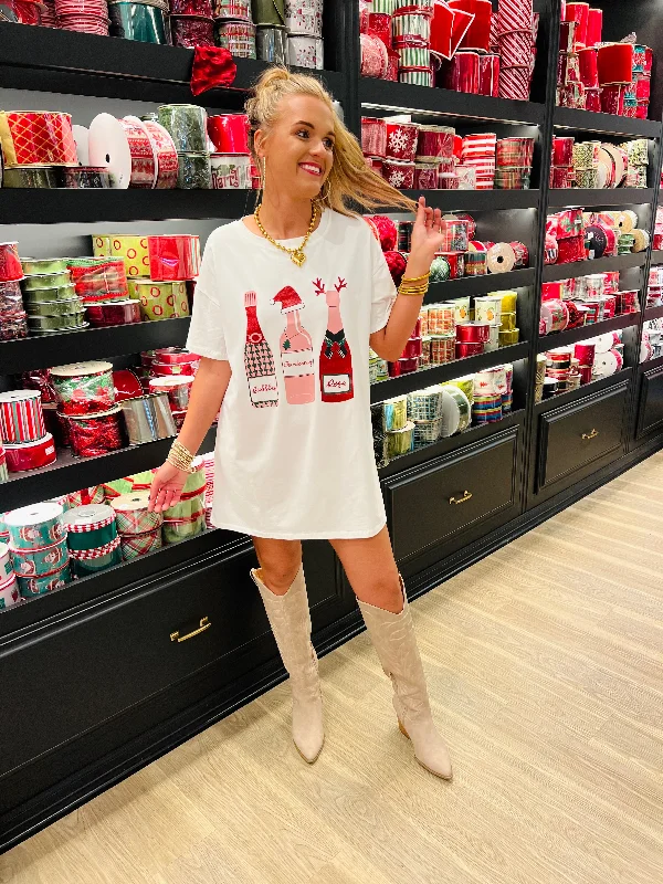 Champagne Bottles T-Shirt Dress Front Pockets Side Pockets Patch Pockets