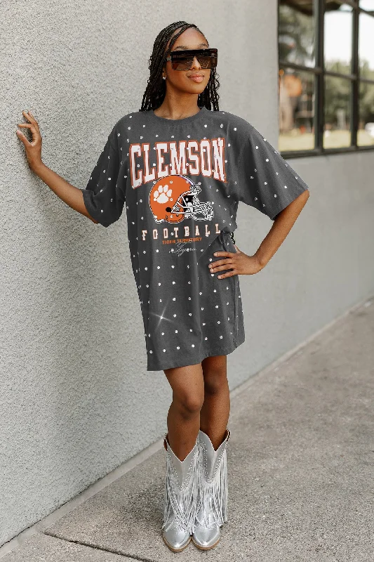 CLEMSON TIGERS GAME CHANGING ALL-OVER RHINESTONE SHORT SLEEVE T-SHIRT DRESS Front Pockets Side Pockets Patch Pockets CLEMSON TIGERS GAME CHANGING ALL-OVER RHINESTONE SHORT SLEEVE T-SHIRT DRESS Front Pockets Side Pockets Patch Pockets