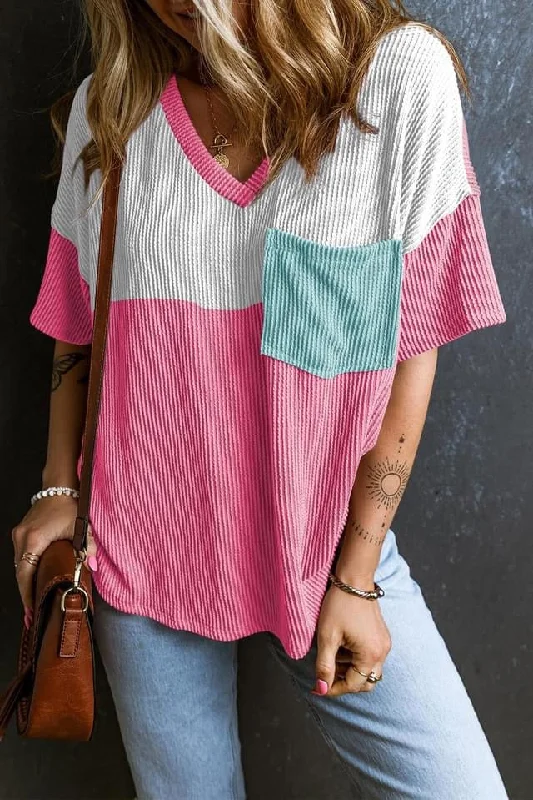 Color Block Patch Pocket Corded V Neck Tee Solid Color Striped Floral