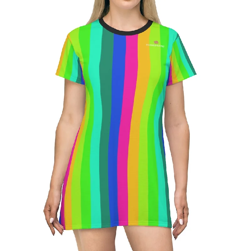 Colorful Rainbow Striped T-Shirt Dress, Gay Pride Vertical Striped Women's Crew Neck Dress - Made in USA Solid Print Embellished Colorful Rainbow Striped T-Shirt Dress, Gay Pride Vertical Striped Women's Crew Neck Dress - Made in USA Solid Print Embellished
