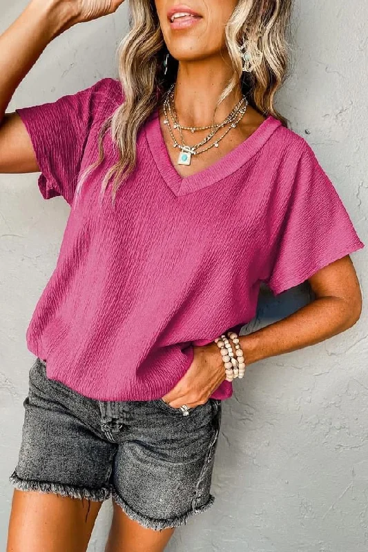 Crinkled V Neck Wide Sleeve Tee Houndstooth Herringbone Solid