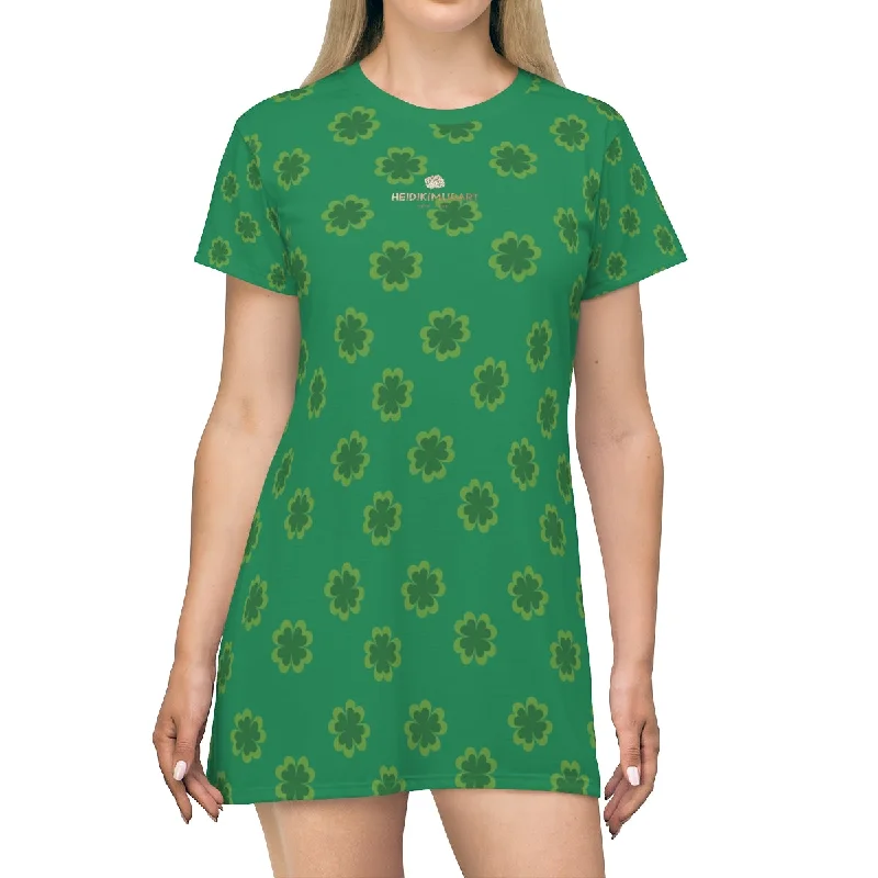Dark Green Clover T-shirt Dress, Clover Print St. Patrick's Day Women's Premium T-Shirt Dress- Made in USA Plaid T-Shirt Polka Dot Checkered Dark Green Clover T-shirt Dress, Clover Print St. Patrick's Day Women's Premium T-Shirt Dress- Made in USA Plaid T-Shirt Polka Dot Checkered