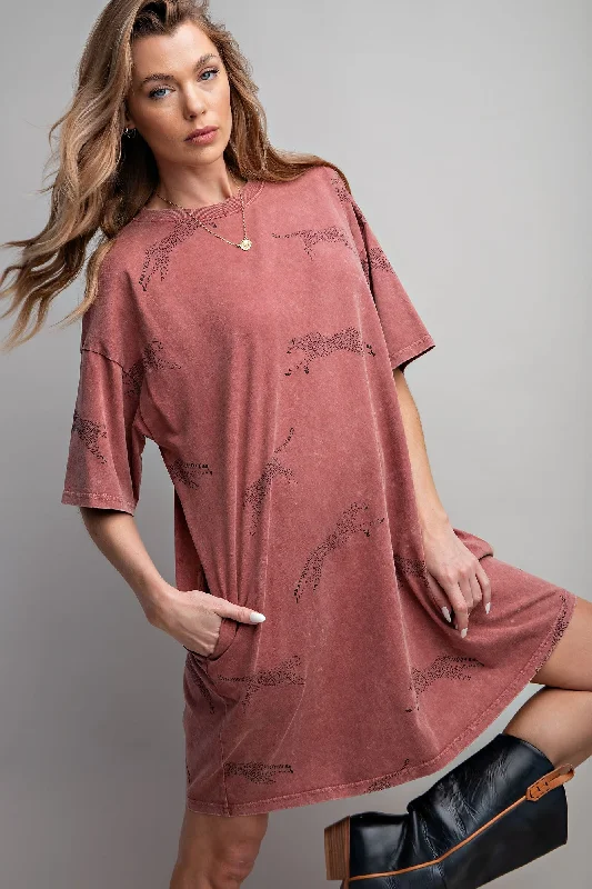Easel Mineral Washed T-Shirt Dress with Cheetah Details in Red Bean Solid Color Striped Floral Easel Mineral Washed T-Shirt Dress with Cheetah Details in Red Bean Solid Color Striped Floral
