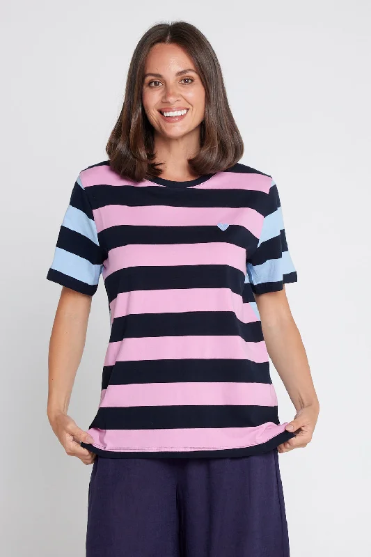 Eden Stripe S/S Tee - Blue/Navy/Pink Denim Fabric Leather Fabric Suede Fabric