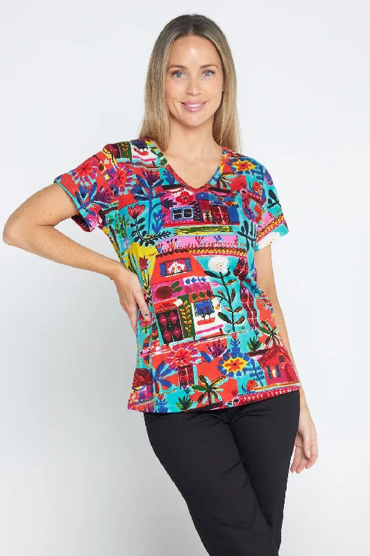 Eva V Neck T-Shirt - Folk Huts Mesh Fabric Canvas Fabric Denim Fabric