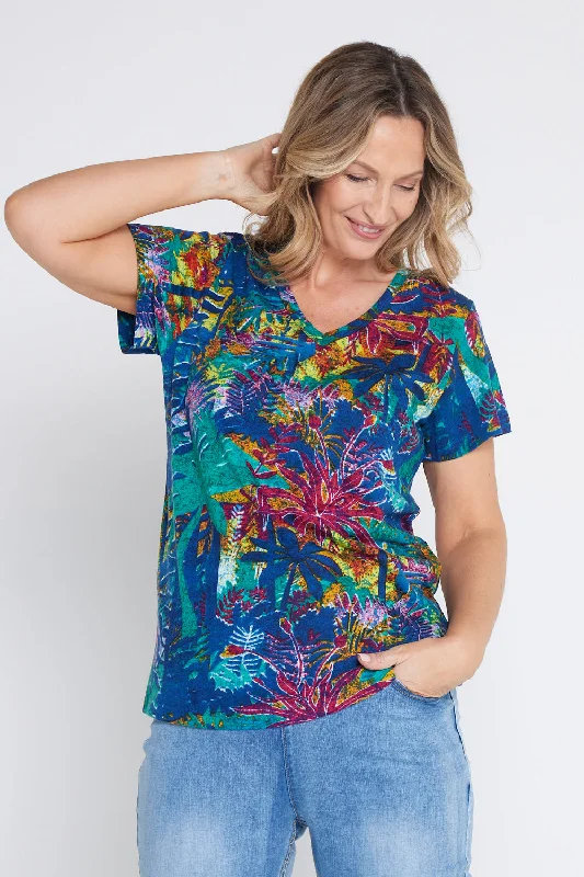 Eva V Neck T-Shirt - Tropical Batiq Nylon Fabric Polyester Fabric Spandex Fabric