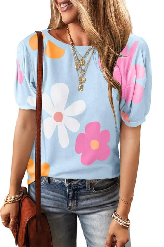 Flower Print Bubble Sleeve Tee Handmade Hand-knitted Hand-woven