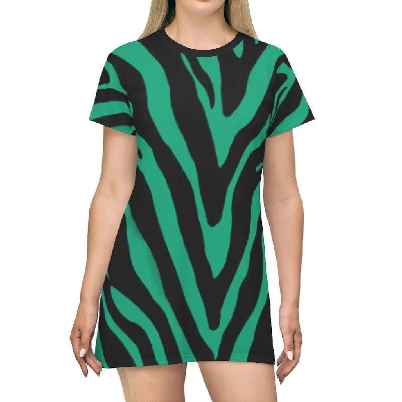 Green Blue Zebra T-Shirt Dress, Zebra Animal Print Crew Neck Long Tee Shirt Dress - Made in USA Solid Color Striped Floral Green Blue Zebra T-Shirt Dress, Zebra Animal Print Crew Neck Long Tee Shirt Dress - Made in USA Solid Color Striped Floral