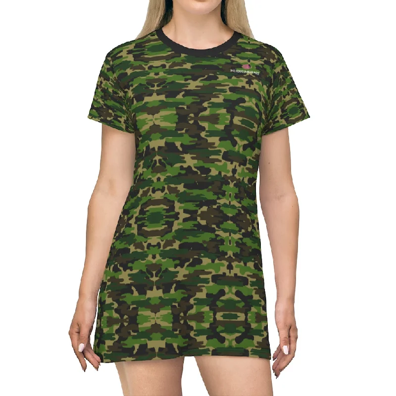 Green Camo Print T-Shirt Dress, Military Army Camo Print Women's Tee Shirt Dress -Made in USA Fleece Fabric Down Fabric Feather Fabric Green Camo Print T-Shirt Dress, Military Army Camo Print Women's Tee Shirt Dress -Made in USA Fleece Fabric Down Fabric Feather Fabric