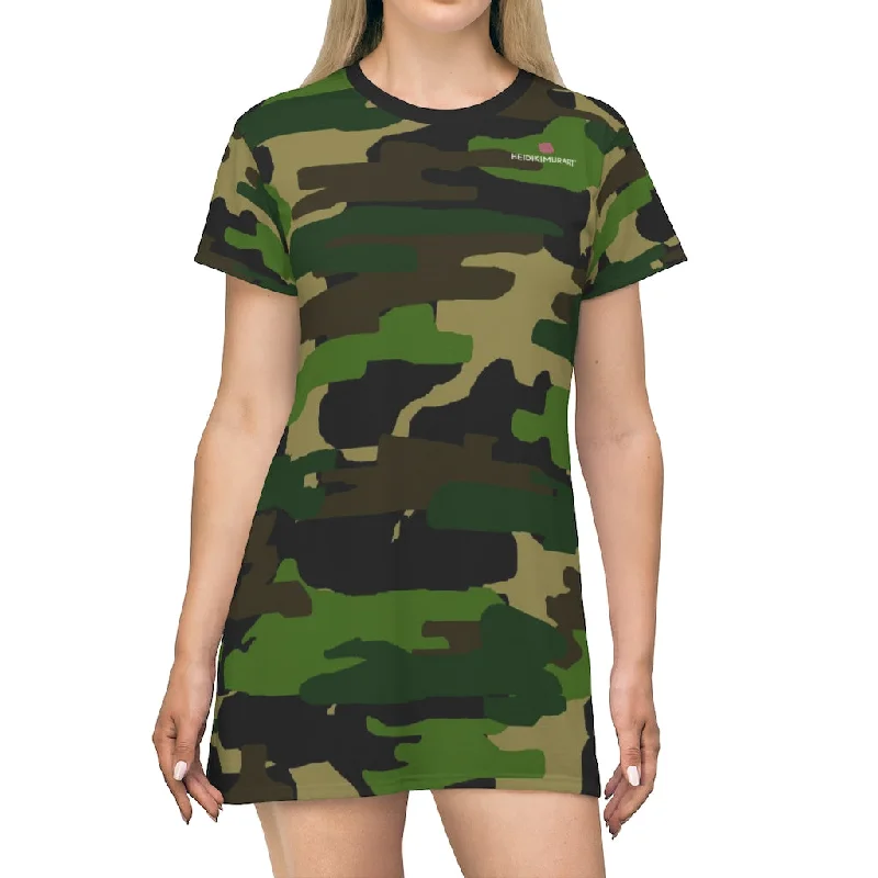 Green Camouflage T-Shirt Dress, Military Army Camo Print Women's Tee Shirt Dress -Made in USA Satin Fabric Silk Fabric Chiffon Fabric Green Camouflage T-Shirt Dress, Military Army Camo Print Women's Tee Shirt Dress -Made in USA Satin Fabric Silk Fabric Chiffon Fabric