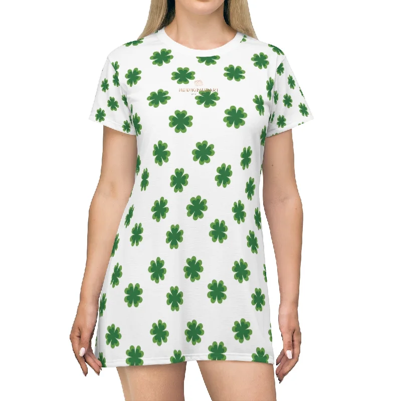 Green Clover Tee Shirt Dress, Print St. Patrick's Day Women's T-Shirt Premium Long Dress- Made in USA Houndstooth Herringbone Solid Green Clover Tee Shirt Dress, Print St. Patrick's Day Women's T-Shirt Premium Long Dress- Made in USA Houndstooth Herringbone Solid