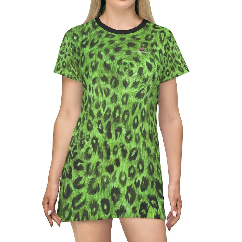 Green Leopard Print T-Shirt Dress, Leopard Animal Print Crewneck Dress For Ladies - Made in USA Machine Wash Dry Clean Hand Wash Green Leopard Print T-Shirt Dress, Leopard Animal Print Crewneck Dress For Ladies - Made in USA Machine Wash Dry Clean Hand Wash