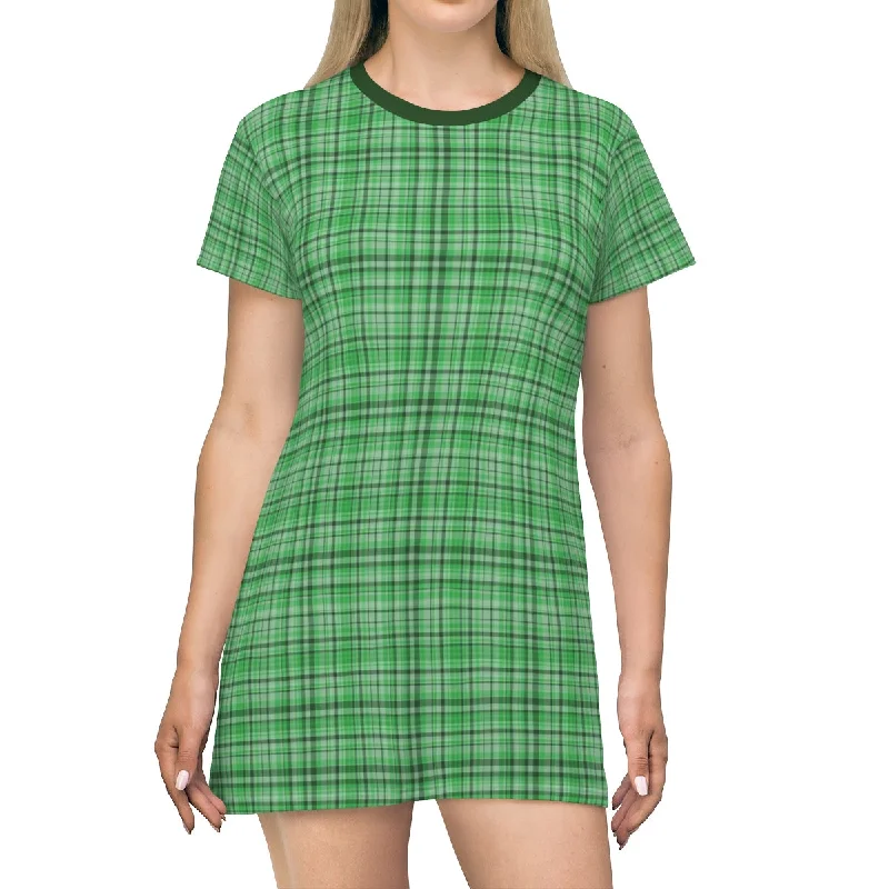 Green Plaid Tartan T-shirt Dress, Plaid Print Designer Crew Neck T-shirt Dress-Made in USA Polka Dot Checkered Tartan Green Plaid Tartan T-shirt Dress, Plaid Print Designer Crew Neck T-shirt Dress-Made in USA Polka Dot Checkered Tartan