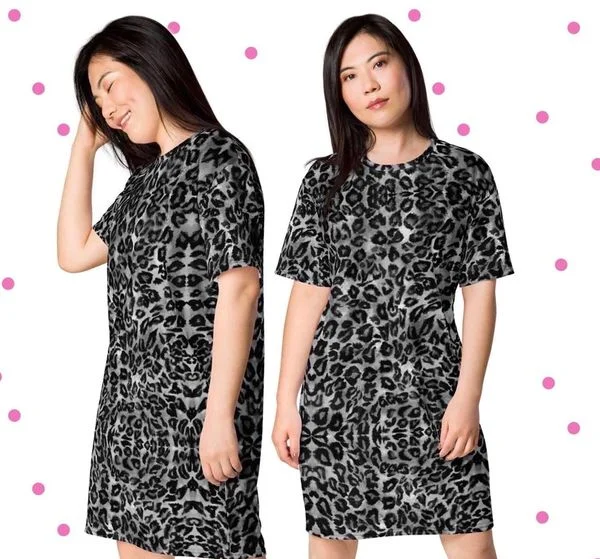 Grey Leopard Print T-shirt Dress, Animal Print Women's Short Sleeves Dress For Women-Made in USA/EU Cotton Fabric Linen Fabric Terry Fabric Grey Leopard Print T-shirt Dress, Animal Print Women's Short Sleeves Dress For Women-Made in USA/EU Cotton Fabric Linen Fabric Terry Fabric