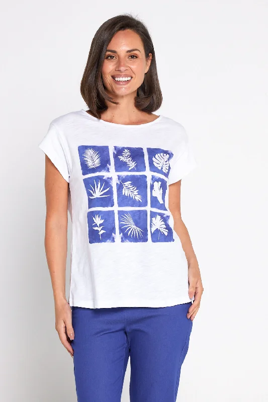 Keylines Slub Boatneck Tee - Sapphire Blooms Satin Blend Silk Blend Wool Blend