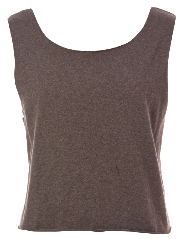 Label Dark Brown Tie Back T-shirt - L V-Neck T-Shirt Long Sleeve Cotton