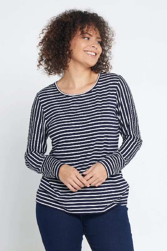 Leoni Long Sleeve Cotton Tee - Navy Stripe Front Pockets Side Pockets Patch Pockets