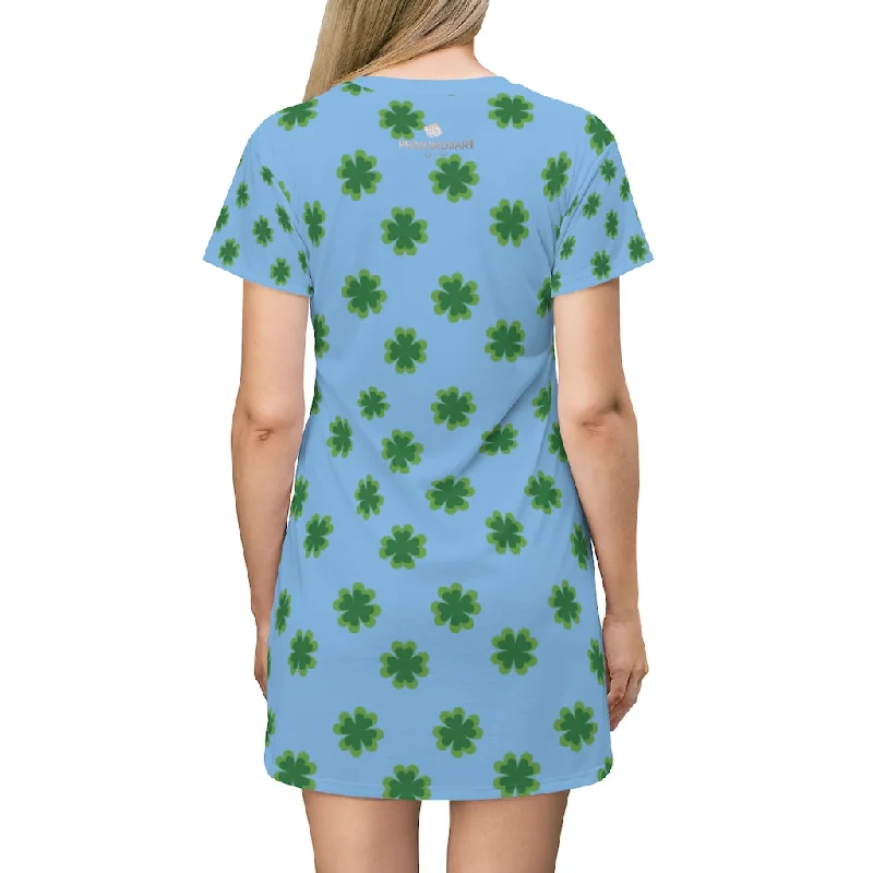 Light Blue Clover T-shirt Dress, Green Clover Print St. Patrick's Day Women's Long T-Shirt Dress- Made in USA Chenille Brocade Lace Light Blue Clover T-shirt Dress, Green Clover Print St. Patrick's Day Women's Long T-Shirt Dress- Made in USA Chenille Brocade Lace