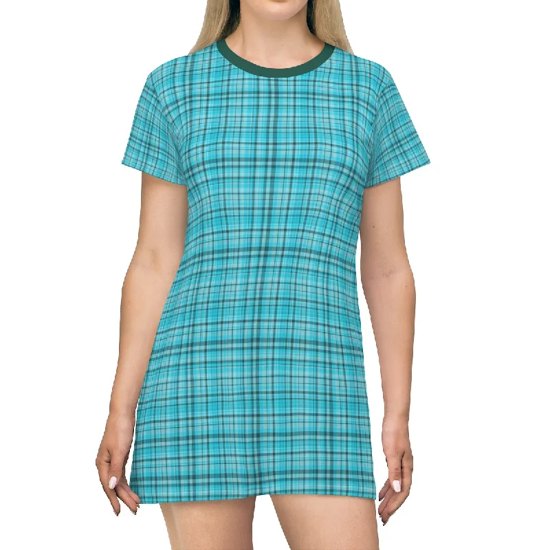 Light Blue Plaid T-Shirt Dress, Best Tartan Print Designer Crew Neck Long T-Shirt Dress-Made in USA Terry Blend Velvet Blend Canvas Blend Light Blue Plaid T-Shirt Dress, Best Tartan Print Designer Crew Neck Long T-Shirt Dress-Made in USA Terry Blend Velvet Blend Canvas Blend