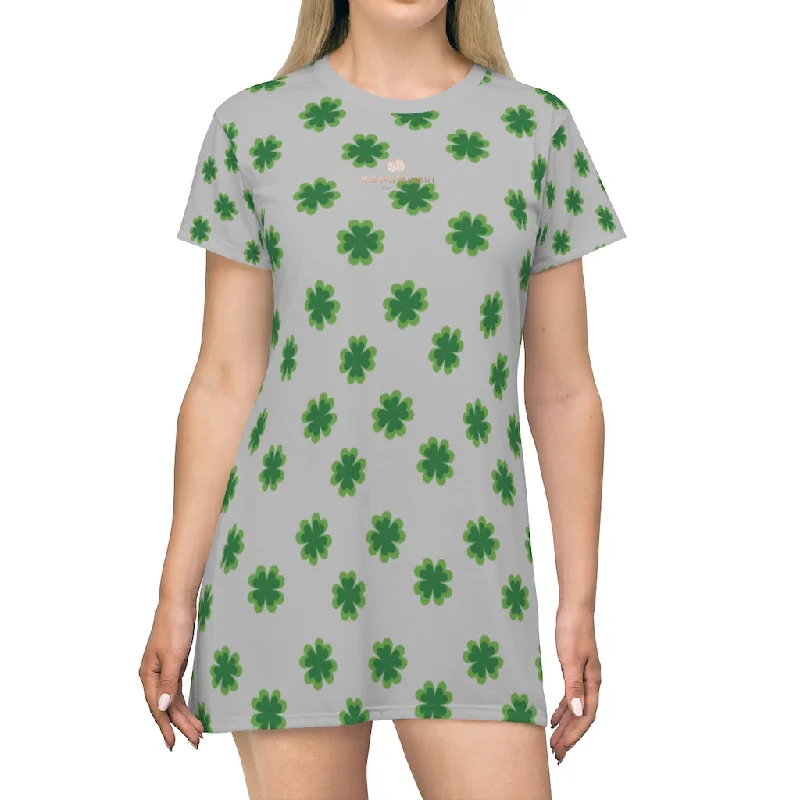 Light Gray Clover T-shirt Dress, Green Clover Print St. Patrick's Day Women's Long T-Shirt Dress- Made in USA Graphic Embroidered Appliqued