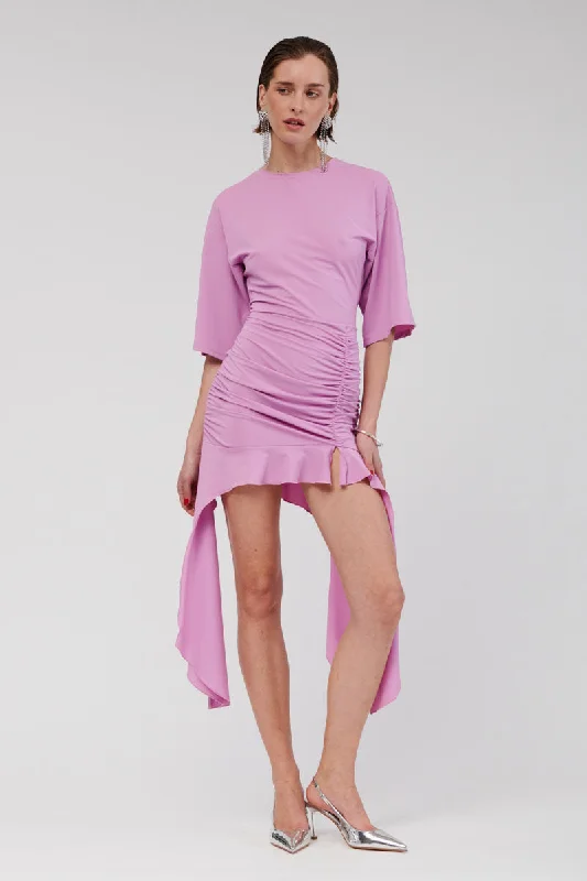Lucia T-Shirt Ruched Mini Dress - Lilac Handmade Hand-knitted Hand-woven