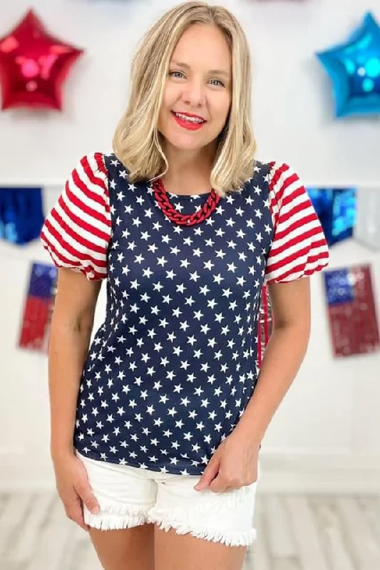 Navy Blue 4th Of July Stars Stripes Puff Sleeve Tee Basic T-Shirt Crew Neck Short Sleeve