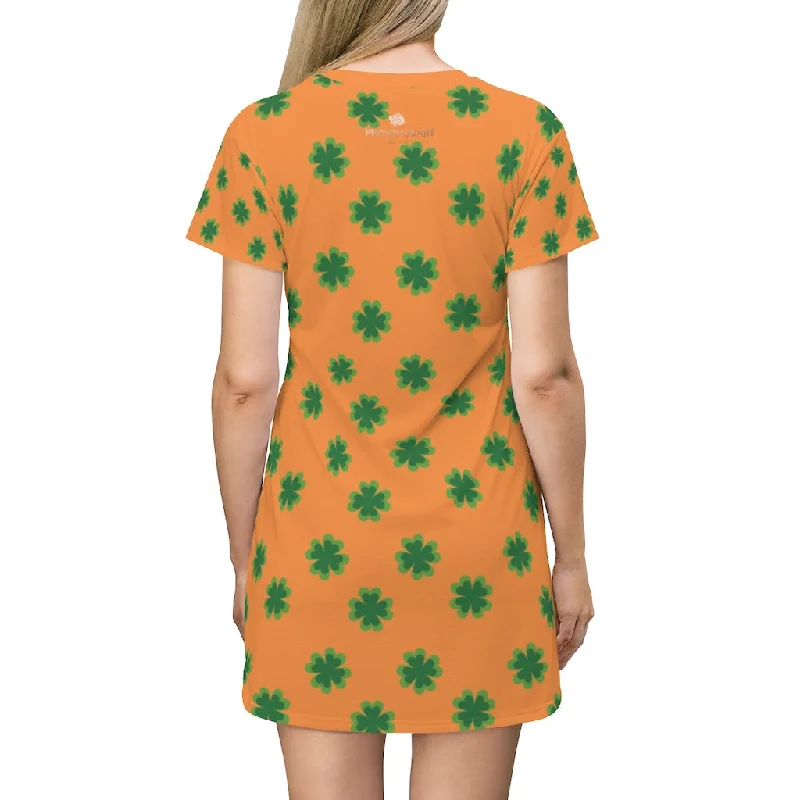 Orange Green Clover T-shirt Dress, Clover Print St. Patrick's Day Women's Long T-Shirt Dress- Made in USA Spandex Blend Rayon Blend Denim Blend Orange Green Clover T-shirt Dress, Clover Print St. Patrick's Day Women's Long T-Shirt Dress- Made in USA Spandex Blend Rayon Blend Denim Blend