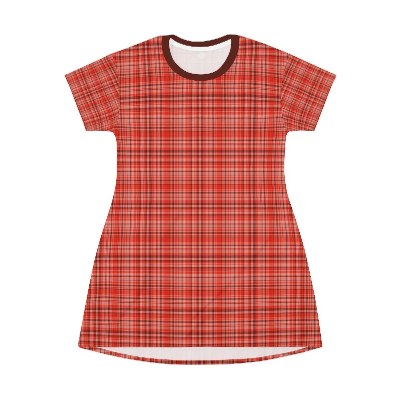 Orange Red Plaid T-shirt Dress, Best Tartan Print Designer Crew Neck T-shirt Dress-Made in USA Ribbed Striped Patterned Orange Red Plaid T-shirt Dress, Best Tartan Print Designer Crew Neck T-shirt Dress-Made in USA Ribbed Striped Patterned