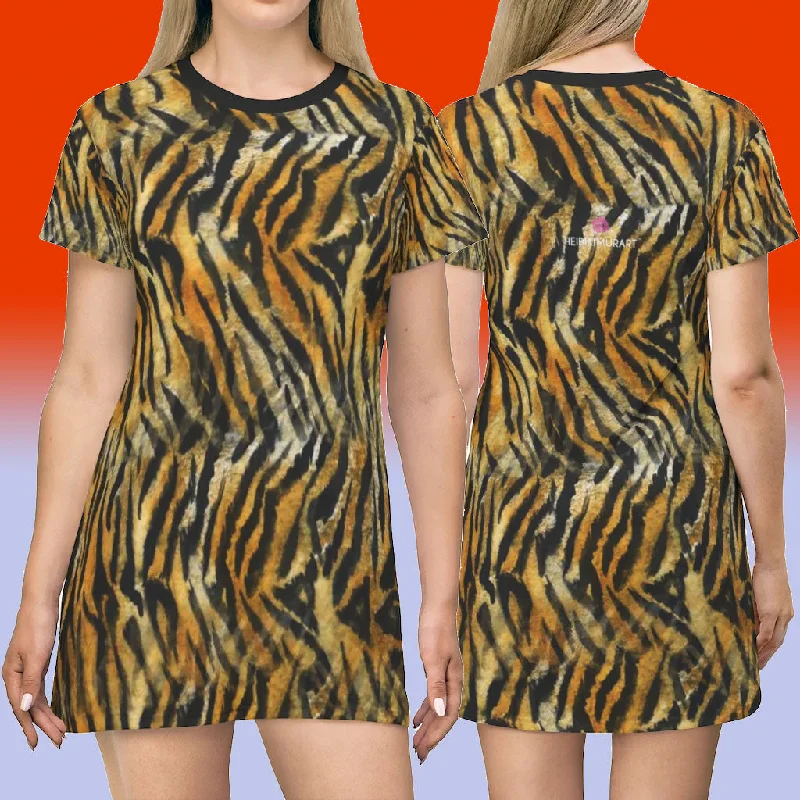 Bright Tiger Striped T-Shirt Dress, Animal Print Crew Neck Long Tee Shirt Dress - Made in USA Iron Safe Non-Iron Wrinkle Free Bright Tiger Striped T-Shirt Dress, Animal Print Crew Neck Long Tee Shirt Dress - Made in USA Iron Safe Non-Iron Wrinkle Free