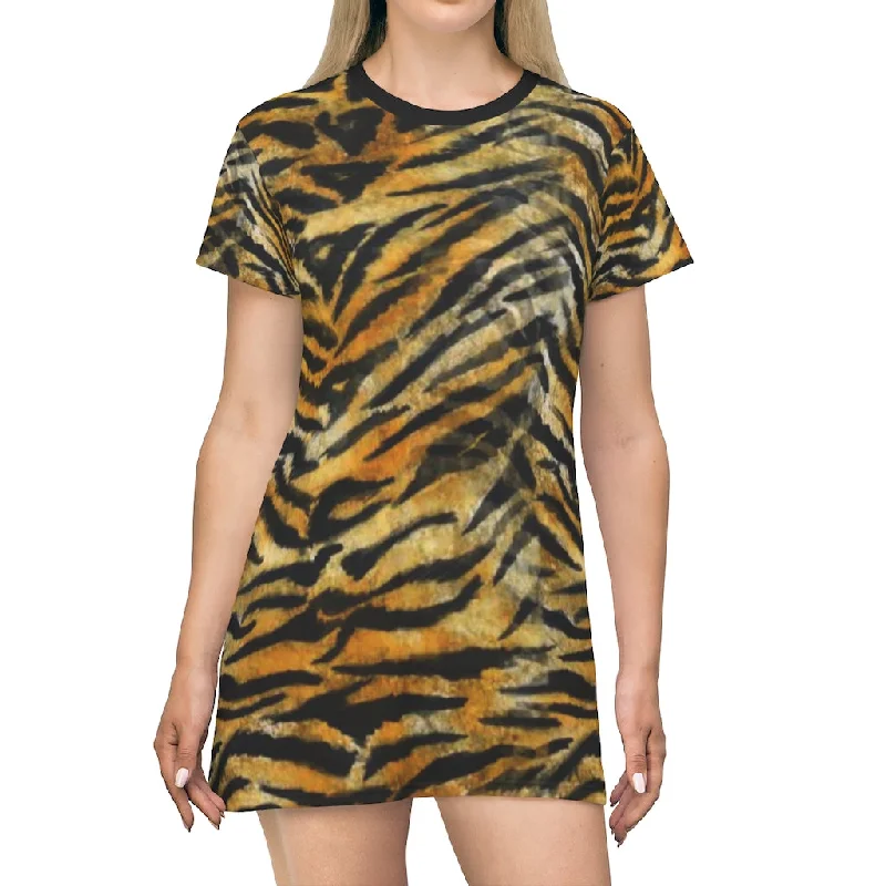Orange Tiger Stripes T-Shirt Dress, Animal Print Crew Neck Long Tee Shirt Dress - Made in USA Fashionable Trendy Casual Orange Tiger Stripes T-Shirt Dress, Animal Print Crew Neck Long Tee Shirt Dress - Made in USA Fashionable Trendy Casual