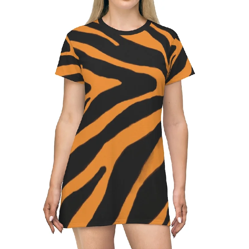 Orange Zebra Print T-Shirt Dress, Zebra Animal Print Crew Neck Long Tee Shirt Dress - Made in USA Hooded Caped Shawl Collar Orange Zebra Print T-Shirt Dress, Zebra Animal Print Crew Neck Long Tee Shirt Dress - Made in USA Hooded Caped Shawl Collar