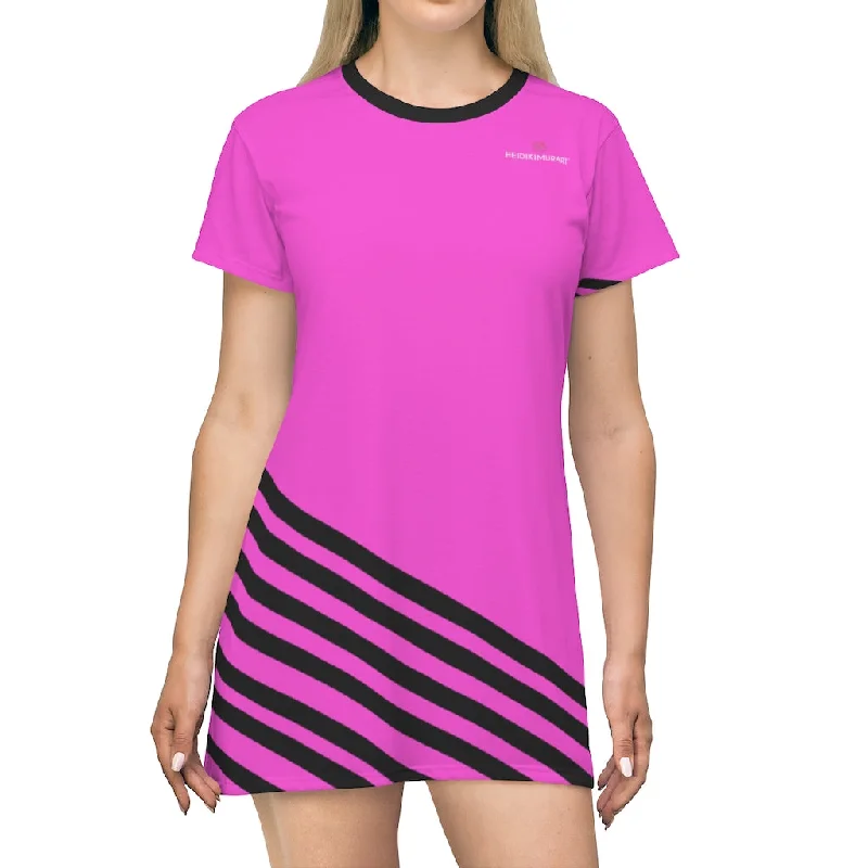Pink Black Striped T-Shirt Dress, Diagonally Striped Pink Black Tee Shirt Dress For Women- Made in USA (US Size: XS-2XL) Cozy Warm Stylish Pink Black Striped T-Shirt Dress, Diagonally Striped Pink Black Tee Shirt Dress For Women- Made in USA (US Size: XS-2XL) Cozy Warm Stylish