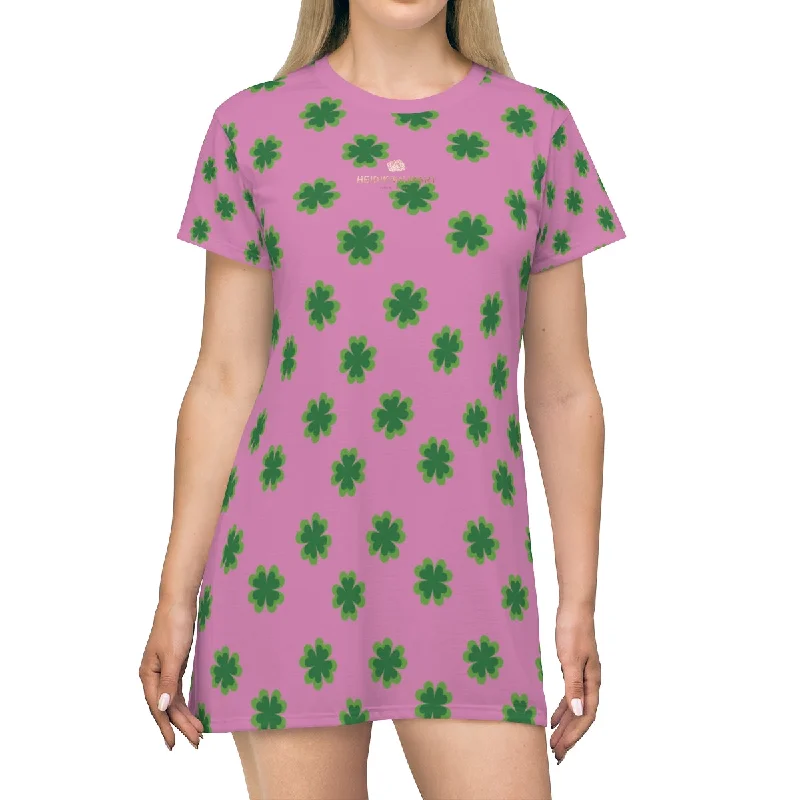 Pink Green Clover T-shirt Dress, Clover Print St. Patrick's Day Women's Long T-Shirt Dress- Made in USA Anti-Shrink Durable Soft