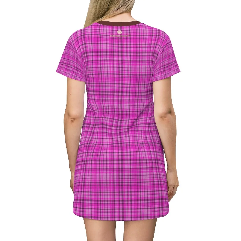 Pink Plaid Women's T-shirt Dress, Tartan Plaid Print Designer Crew Neck Long T-shirt Dress-Made in USA Mesh Fabric Canvas Fabric Denim Fabric Pink Plaid Women's T-shirt Dress, Tartan Plaid Print Designer Crew Neck Long T-shirt Dress-Made in USA Mesh Fabric Canvas Fabric Denim Fabric