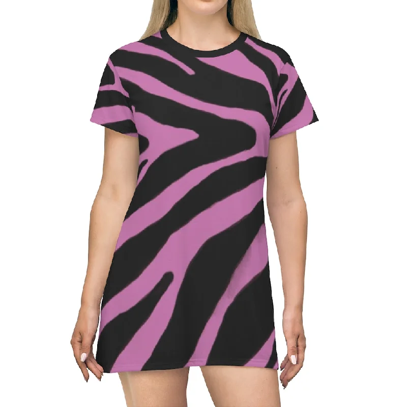 Pink Zebra T-Shirt Dress, Zebra Animal Print Crew Neck Long Tee Shirt Dress - Made in USA Houndstooth Herringbone Solid Pink Zebra T-Shirt Dress, Zebra Animal Print Crew Neck Long Tee Shirt Dress - Made in USA Houndstooth Herringbone Solid