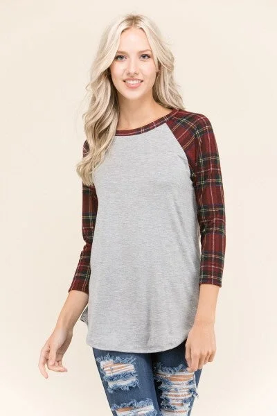 Raglan Plaid Gray 3/4 Sleeve Baseball Casual Tee T-Shirt Plus Cozy Warm Stylish
