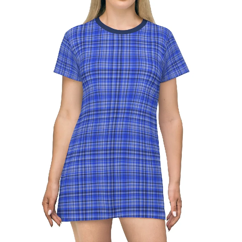 Preppy Blue Plaid T-shirt Dress, Best Plaid Tartan Print Designer Crew Neck Long T-shirt Dress-Made in USA Rayon Fabric Velvet Fabric Corduroy Fabric Preppy Blue Plaid T-shirt Dress, Best Plaid Tartan Print Designer Crew Neck Long T-shirt Dress-Made in USA Rayon Fabric Velvet Fabric Corduroy Fabric