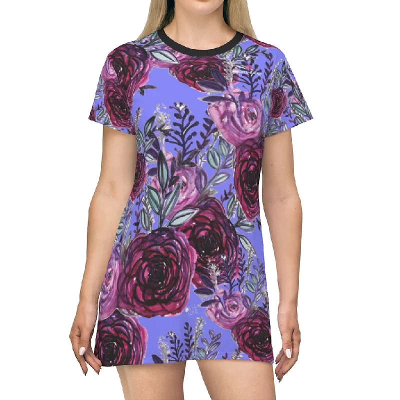 Purple Floral T-Shirt Dress, Flower Rose Print Women's Tee Shirt Dress- Made in USA (US Size: XS-2XL) Real Fur Shearling Chenille Purple Floral T-Shirt Dress, Flower Rose Print Women's Tee Shirt Dress- Made in USA (US Size: XS-2XL) Real Fur Shearling Chenille